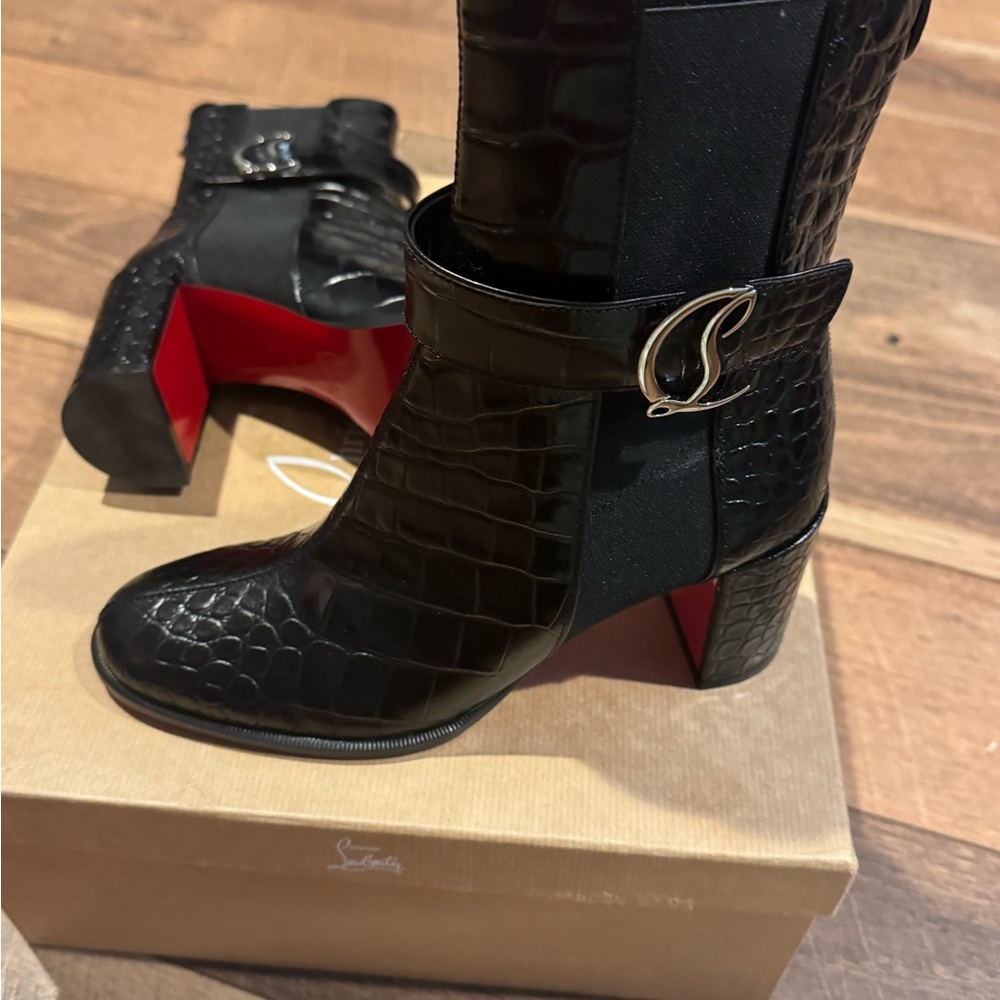 Christian Louboutin Black Croc-Embossed Heeled Boots
